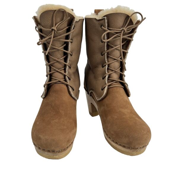 No. 6 Suede Fur High Heel Lace Up Shearling Boots Tan & Brown Size 38 (US 7.5) - Picture 3 of 13